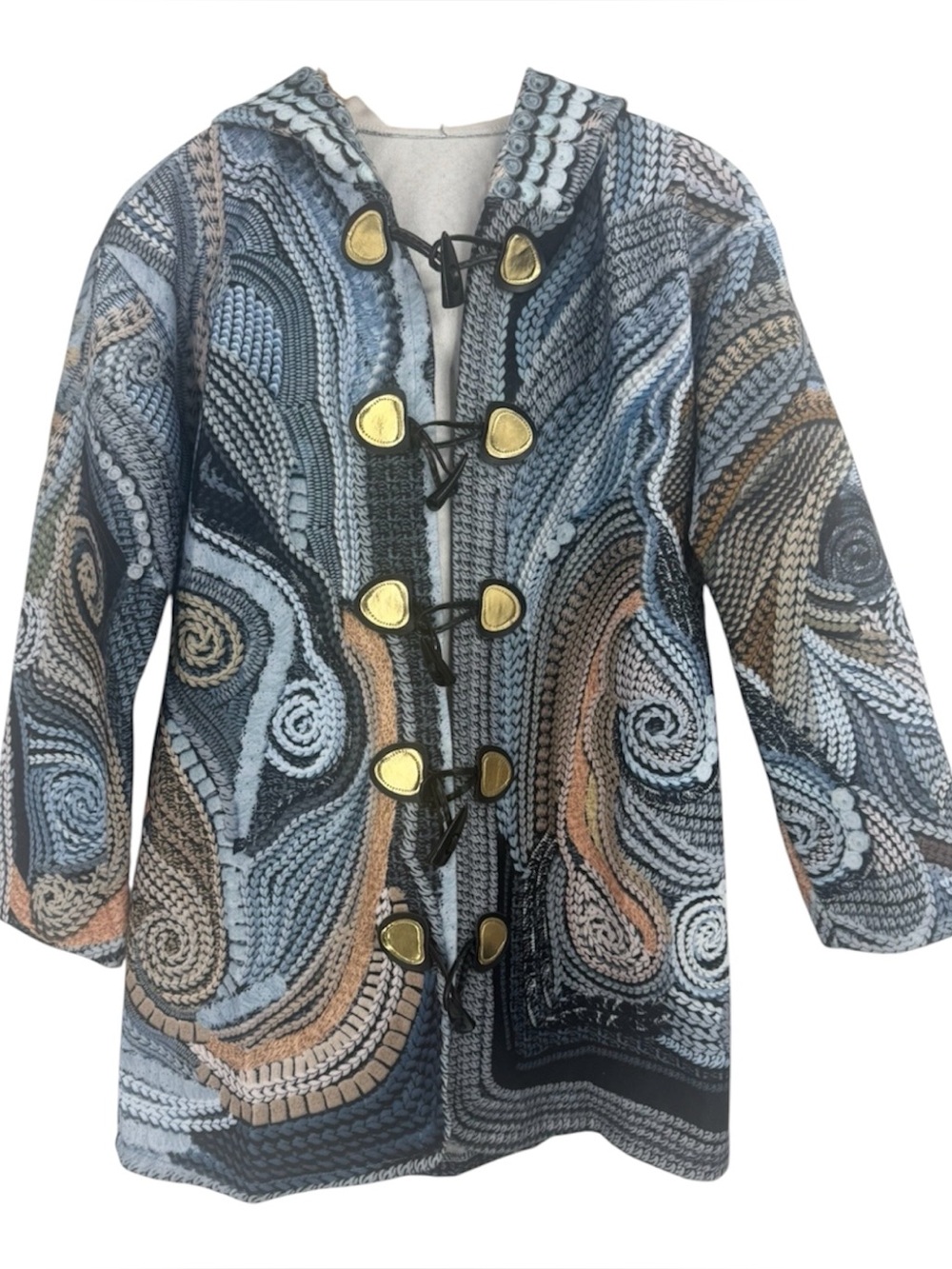 Artsy relaxed fit jacket summer ocean blues toggle close with hood NWOT